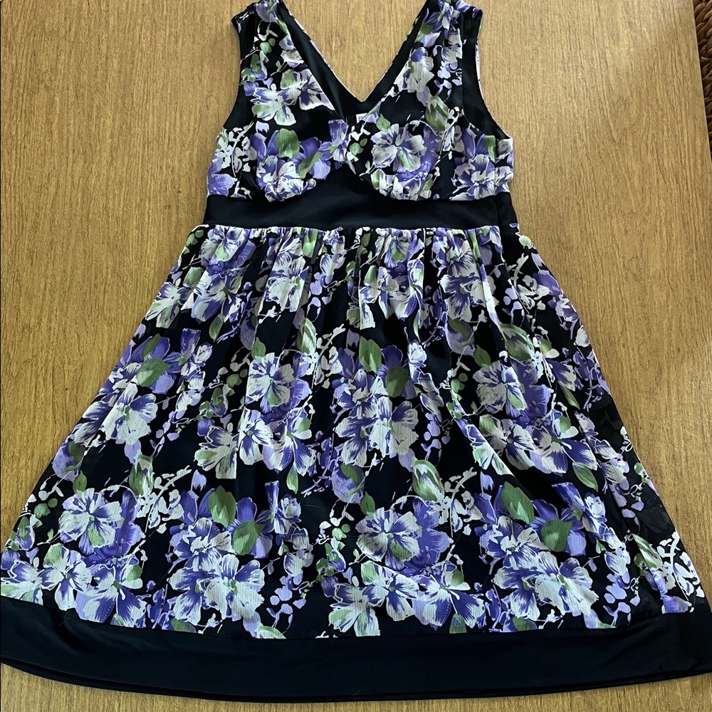 Studio 1940 Vintage V-Neck Black Dress with Purple and Green Floral Print, Sz 10